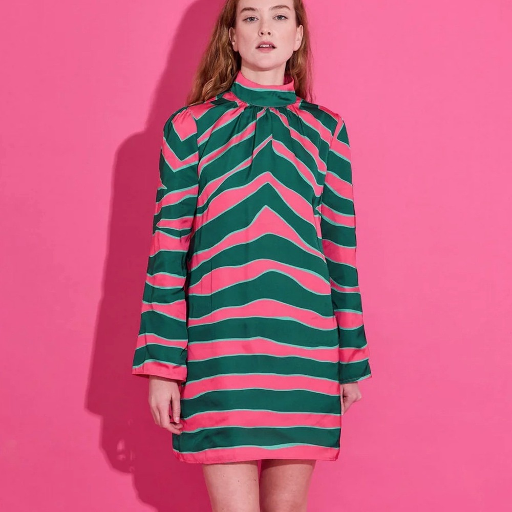 NWT Alden Adair Emery Dress Ziggy Palm Pink Green Abstract Mock Neck Mini XS